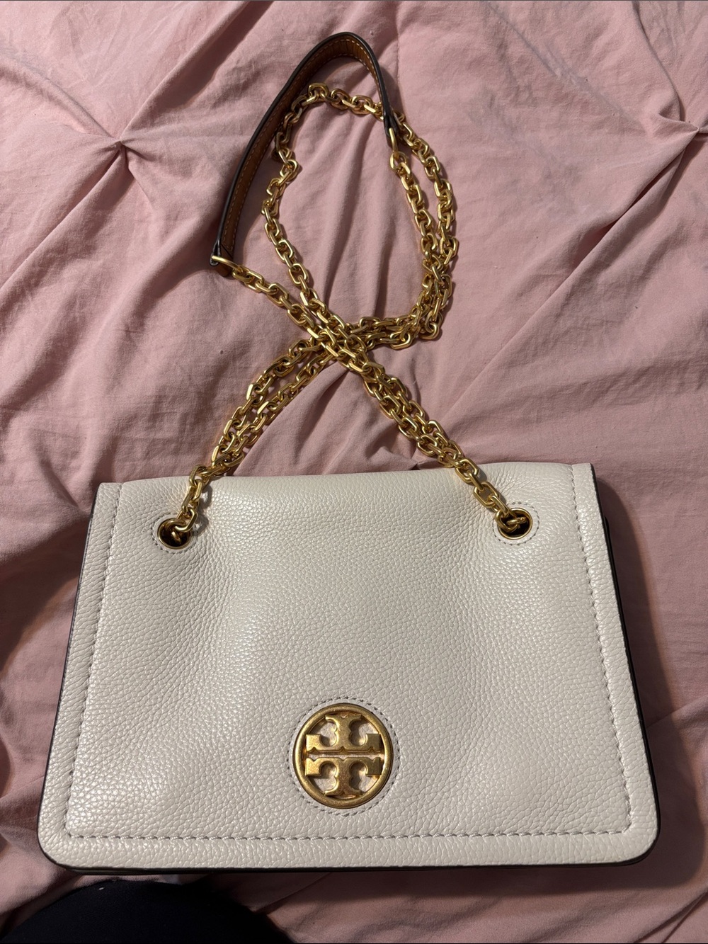 Tory Burch Cream Pebbled Leather Chain-Handle Shoulder Bag with Gold Hardware